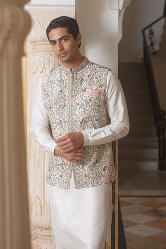 Avir Aari Embroidered Silk Nehru Jacket - Cream, Cream, image 4